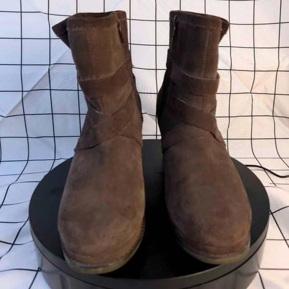Caterpillar CAT ~ Suede Wedge Ankle Boots ~ Women 9 ~Brown Buckle Strap Side Zip